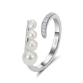 S925 Sterlingsilber Ring mit Süßwasserperlen und funkelnden Zirkonia-Steinen - Verstellbarer Offener Ring / Weißgold