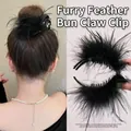 Elegant large black ostrich feather hair claw clip for winter hair styling - Bun Feather Claw Volume Enhancing / 274 Black Feather Bun Clip
