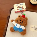 Cute brown plush teddy bear keychain wearing a Christmas hat and blue overalls - 4# Overalls Bear Plush Doll Keychain