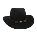 Cappello da cowboy in feltro nero con fascia in pelle, turchese e perline etniche - Taglia unica / Nero