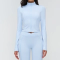 Slim fit light blue yoga jacket and leggings set with cross waist and side pockets - Water Blue