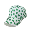 Detail of white cotton baseball cap featuring green clover leaf pattern embroidery - Clover Print Style (G)