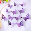 Detailed set of 12 purple hollow 3D butterfly wall stickers with metallic finish effects - Single Layer-Purple Style 1