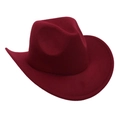 Detail view of burgundy felt cowboy hat with structured crown and stitched brim finish - Burgundy
