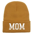 Mustard yellow knitted beanie with white MOM embroidery on the folded cuff - MOM / Khaki