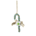 Blue and gold candy cane Christmas ornament featuring a sequin bow and plush flower - Blue Christmas Candy Cane
