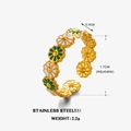 French vintage stainless steel 18K gold ring with green and white enamel daisies - Gold Flower Style - Green and White