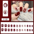 Short square wine red press-on nails with glitter heart and checkerboard patterns - Wine Red Plaid Heart Short Square Nails (Y-32) / Glue Type