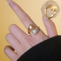 18k gold plated double heart open ring with sparkling white zircon stones worn on hand - Gold Heart Ring (688)