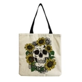Detail of sunflower and skull print on canvas tote bag with black shoulder strap - B&W Sketch Skull and Sunflowers Pattern (hm6671)