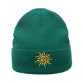 Dark green ribbed knit beanie featuring a yellow embroidered sun totem on the folded brim - Yellow Sun Totem / Green