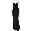 Elegante abito da sera nero a fascia con corpetto a corsetto e gonna lunga in raso - S / Nero