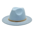 Detailed view of light blue wool fedora hat with elegant gold metal band trim - M (56-58cm) / Sky Blue