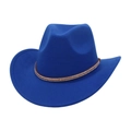 Close-up of royal blue wool cowboy hat featuring a decorative gold braided chain - Sapphire Blue