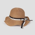 Detail of light brown woven straw hat showing fine fiber texture and striped bow with silver flower - M (56-58cm) / Camel