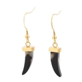 Elegant gold-tone horn-shaped earrings with dark marble texture on white background - Gold Marbled Horn Earrings Style (KE58258-K)