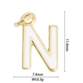 Detailed view of gold letter N pendant with white enamel and size 11.4mm by 7.4mm - Letter N