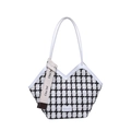 Fashionable black and white checkered tote bag with V-shaped opening and white leather trim - White Lattice