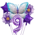 Blue and purple butterfly balloon set with number 9 and flower foils for party decor - Number 9 / Purple