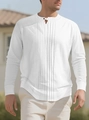 Men's white cotton linen long sleeve shirt with pleated henley collar details - White