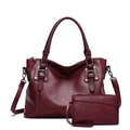 Burgundy PU leather tote bag and wristlet set with litchi texture and silver hardware - Purple