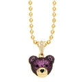 Hip hop style gold bear head necklace featuring purple rhinestones and bead chain - Rose Red