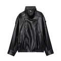 Giacca da donna in pelle PU nera con colletto alla coreana ed orlo elastico vestibilità ampia - S / Nero