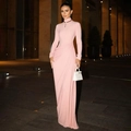 Close-up of pink slim fit maxi dress with elegant waist pleats and soft knit fabric details - S / Pink