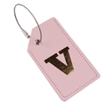 Pink PU leather luggage tag with golden metal V initial and secure wire loop strap - Letter V