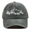 Close-up of mountain and forest embroidery on washed cotton charcoal grey baseball cap - One Size(Adjustable) / Army Green
