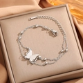 Double-layer stainless steel butterfly bracelet with silver beads and adjustable clasp - Double Layer Butterfly Bracelet / Silver