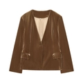 Conjunto de traje para mujer en terciopelo marrón con blazer sin cuello y pantalón - XS / Parte Superior-Marrón