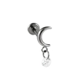 Titanium moon chain lip stud with hanging round zircon stone in silver finish - 1.2x8mm / Style 7