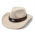 Classic beige western cowboy felt hat featuring a brown leather band with silver metal studs - Beige