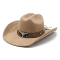 Classic wide brim western cowboy hat in tan suede with bull head buckle and turquoise accents - M (56-57cm) / Camel Faux Suede