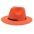Close-up of orange wool fedora with black leather band and gold chain detail - M (56-58cm) / Orange