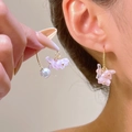 Pink resin flower earrings with white pearl detail for a summer vacation look - Pink and White Resin Petal Artificial Pearl Style (G-215) / Faux Pearl