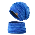 Blue mixed knit beanie and neck warmer set with warm fleece lining and sport patch - Blue
