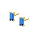 Macro shot of rectangular blue zircon studs with gold-plated four-claw setting details - Gold + Royal Blue Zirconia