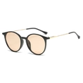 Retro round sunglasses with black resin frame, peach lenses, and gold metal temples - Bright Black Gold (Light Tea Lens)