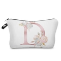 Close-up of white cosmetic bag featuring a pink floral alphabet D print - Letter D Style