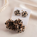 Retro leopard print fabric flower and geometric button earrings on satin with pearls - Silver Needle - Coffee Leopard