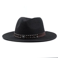 Close-up of black woven straw cowboy hat with brown faux leather studded band - M (56-58cm) / Black