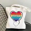 White canvas nurse tote bag with rainbow heart print and stethoscope graphic - Style C19 (No Inner Pocket/No Zipper)