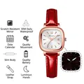 Square women's watch with rose gold case, red leather strap and calendar feature - Rose Gold-White Dial Red Leather Strap