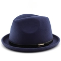 Classic dark blue wool felt fedora hat with black leather band and gold buckle detail - M (56-58cm) / Navy Blue