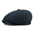 Classic dark blue newsboy cap in herringbone wool blend with eight-panel crown design - Navy Blue / Elastic Band