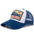 Navy and white trucker hat with Indian No.7 embroidery patch and distressed brim detail - Adjustable / Blue