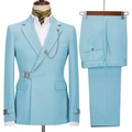 Sky blue double-breasted suit set with decorative side straps and gold metal chains - Sky Blue