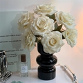 Artificial cream rose bouquet in black glossy ceramic vase for elegant home table decor - Black Glass Vase + Cream White Bouquet